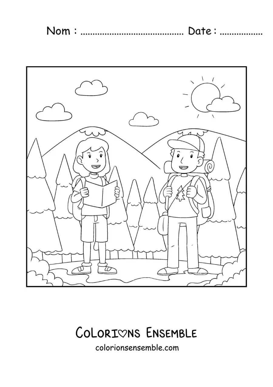 Image à colorier d’un couple de randonneurs en balade dans la montagne