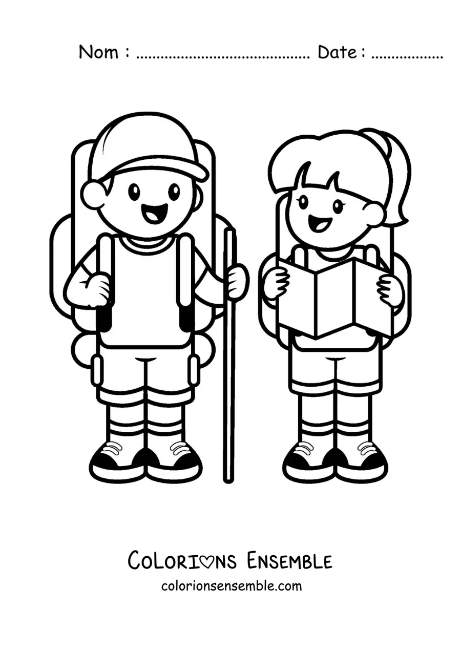 Image à colorier d’un couple de randonneurs kawaii avec des sacs à dos