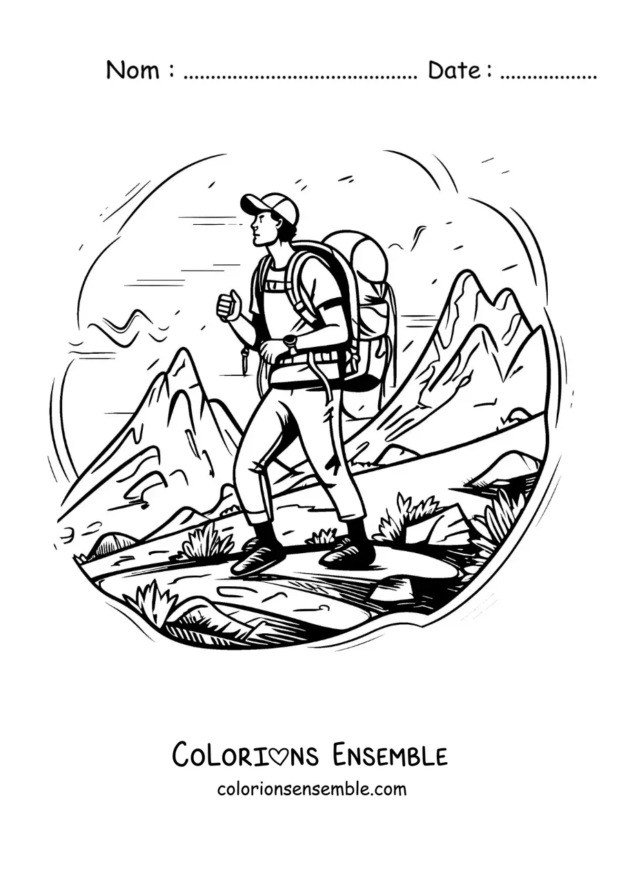 Image à colorier d’un garçon randonneur sur la montagne