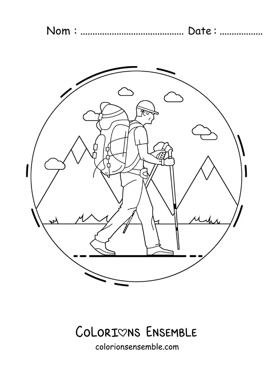 Image à colorier d’un marcheur qui fait de la randonnée avec un sac à dos