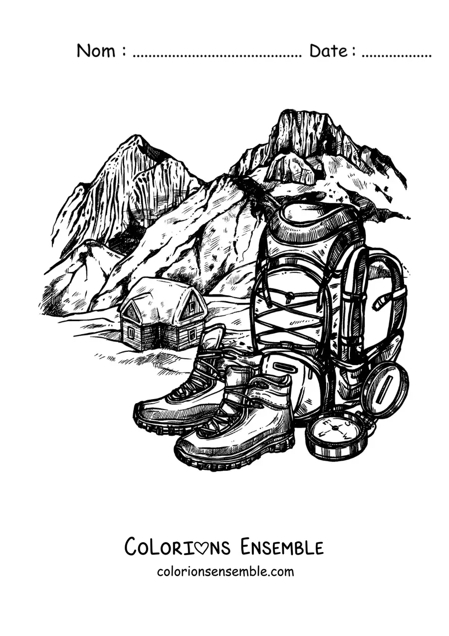 Image à colorier d’un sac à dos et d’une paire de chaussures d’escalade