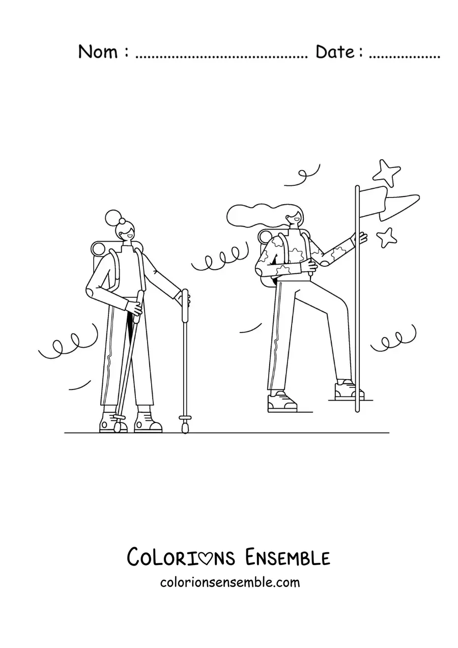 Image à colorier de deux filles qui font de la randonnée