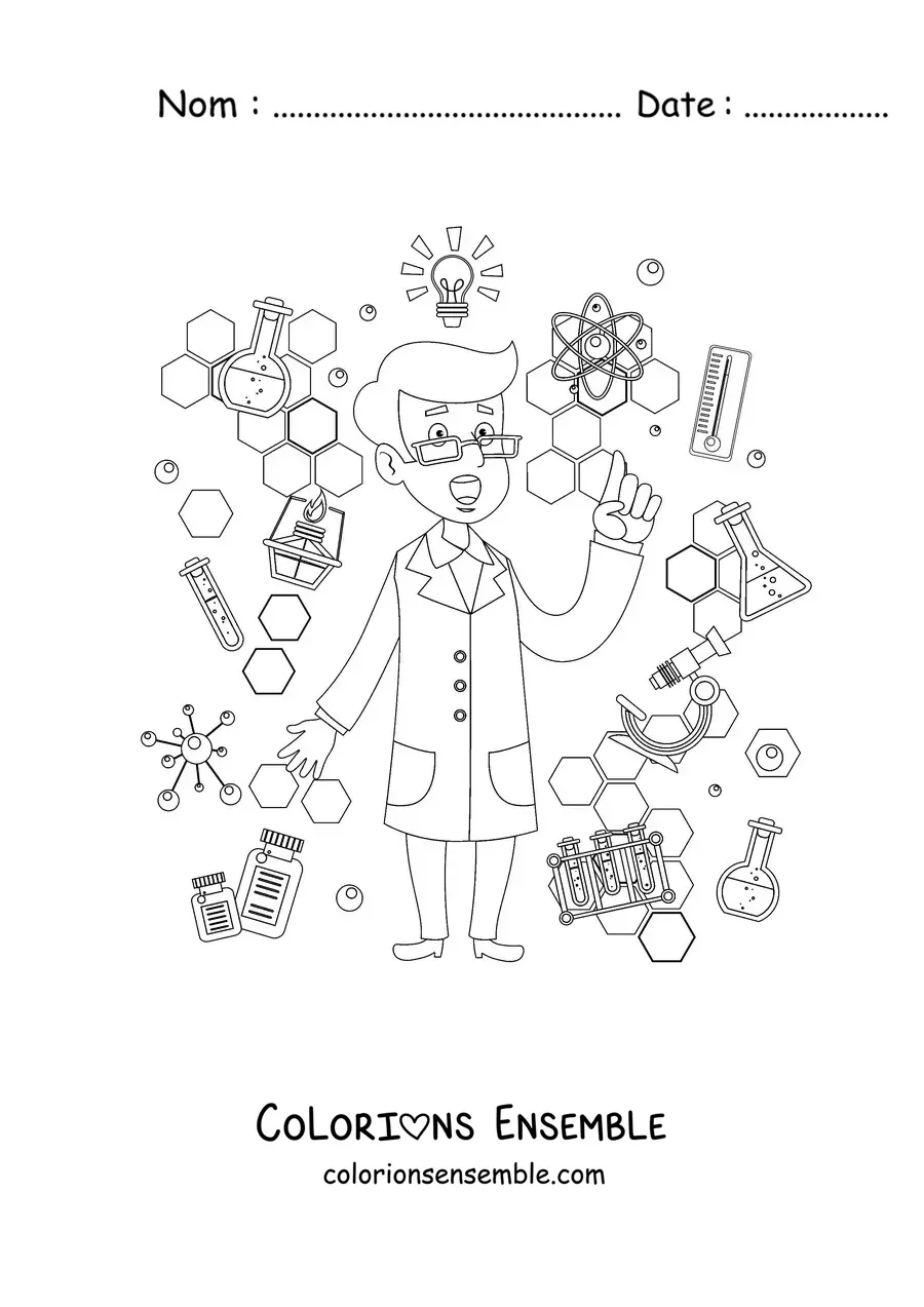 Image à colorier d'un scientifique animé entouré d'instruments scientifiques