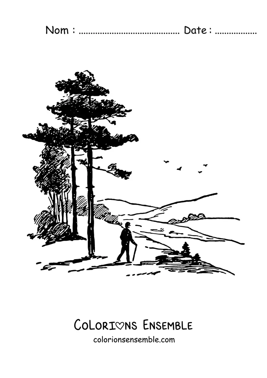 Image à colorier de la silhouette d’un marcheur dans les montagnes