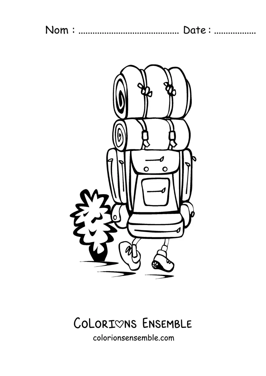 Image à colorier d’un randonneur qui marche avec un sac à dos de camping