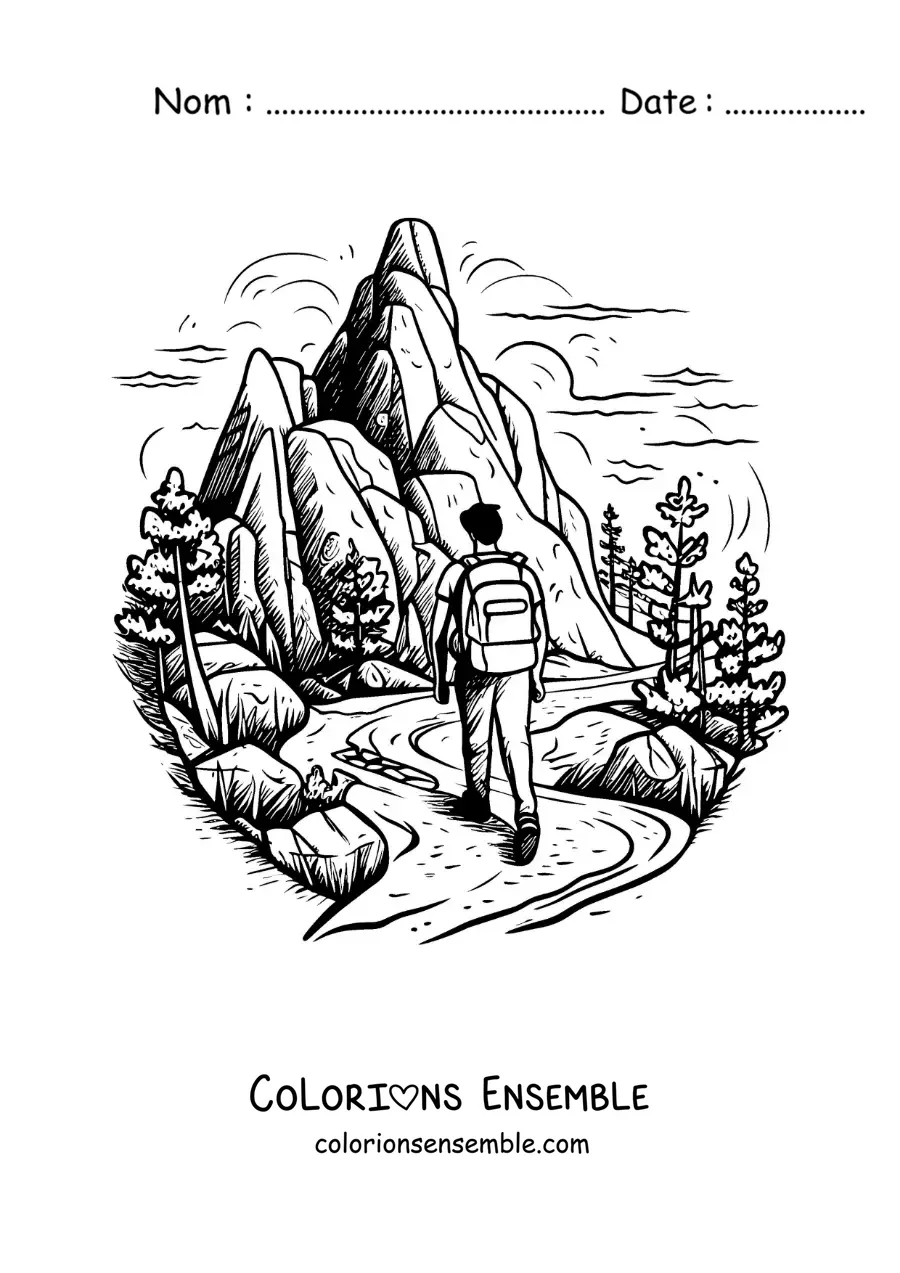 Image à colorier d’un randonneur en balade dans les montagnes