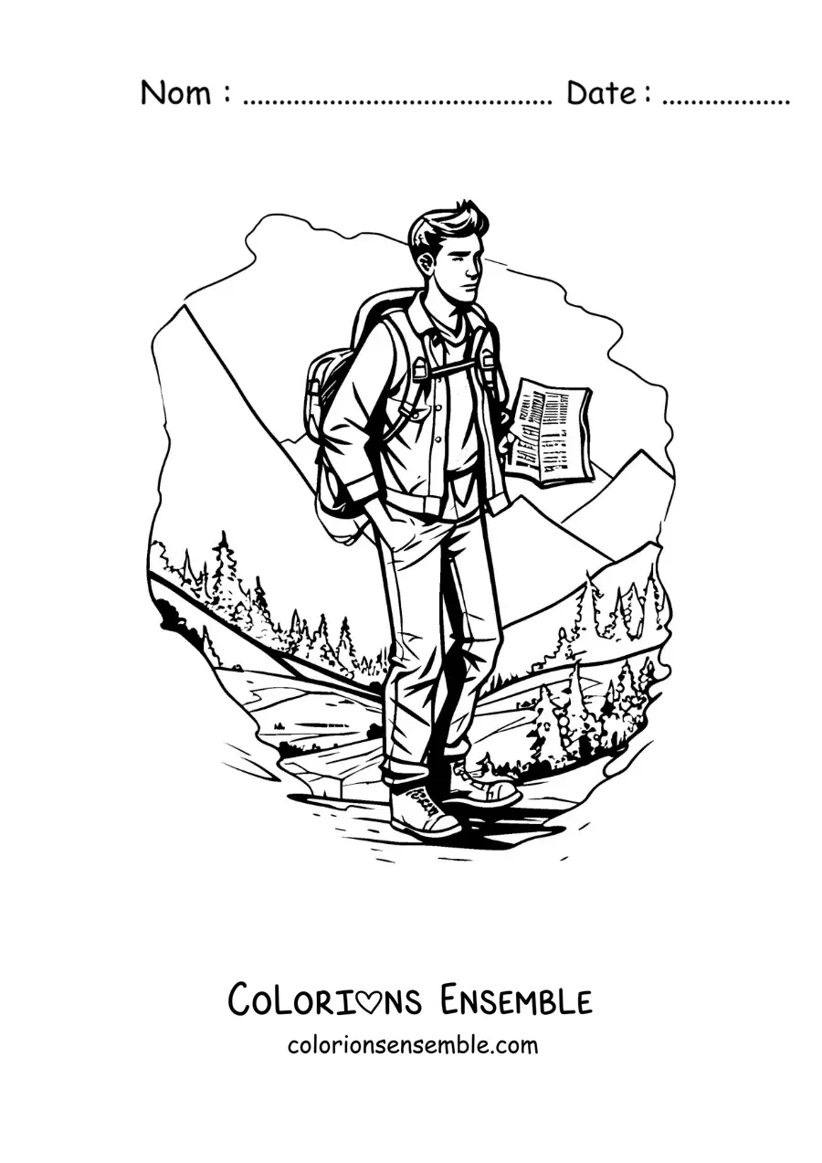 Image à colorier d’un garçon en randonnée au milieu des montagnes, dans un style réaliste