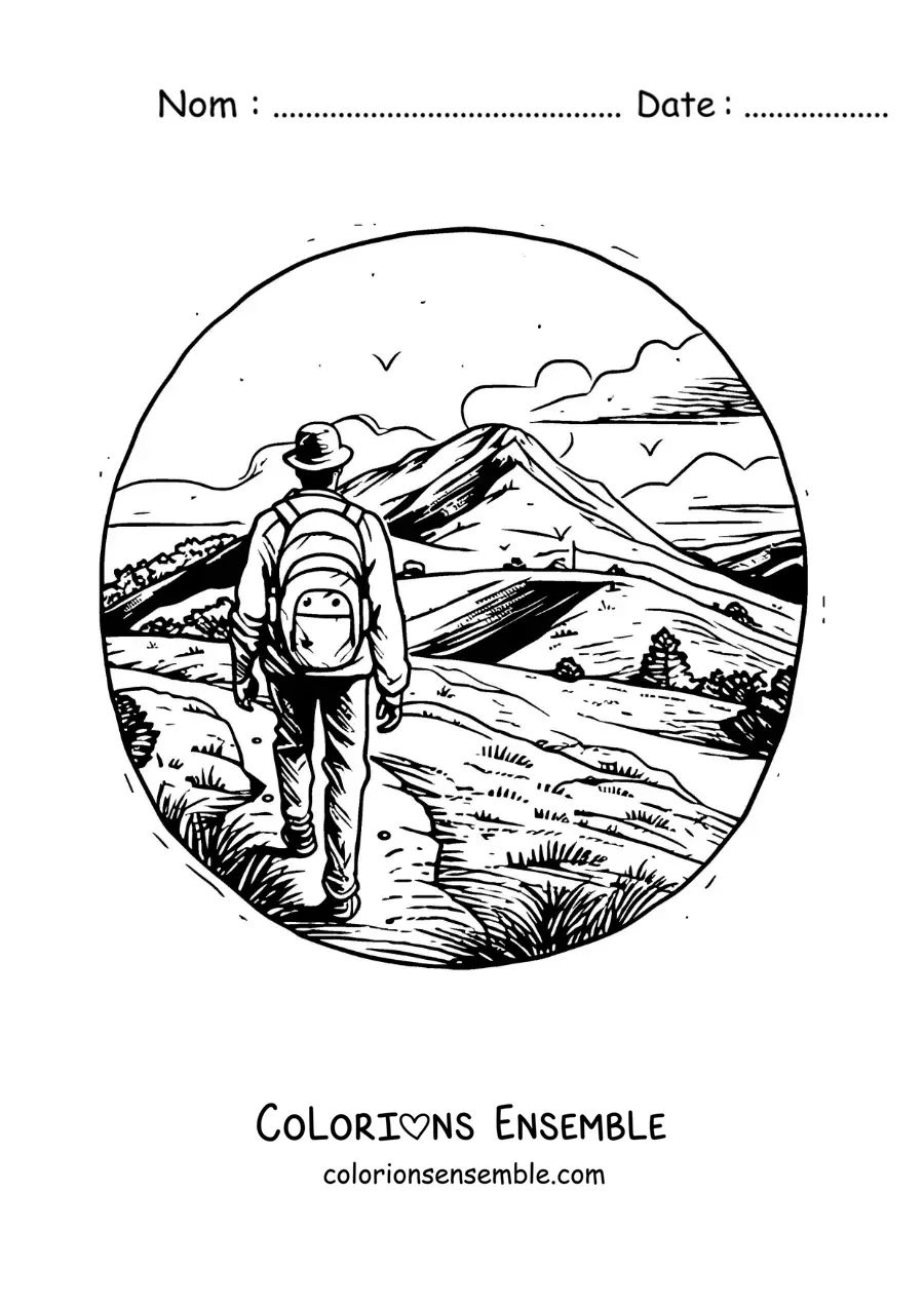 Image à colorier d’un marcheur en pleine aventure dans les montagnes