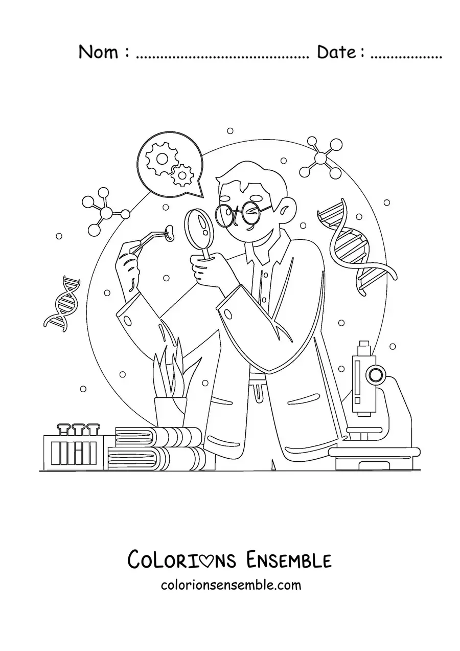 Image à colorier d'un scientifique réalisant des expériences