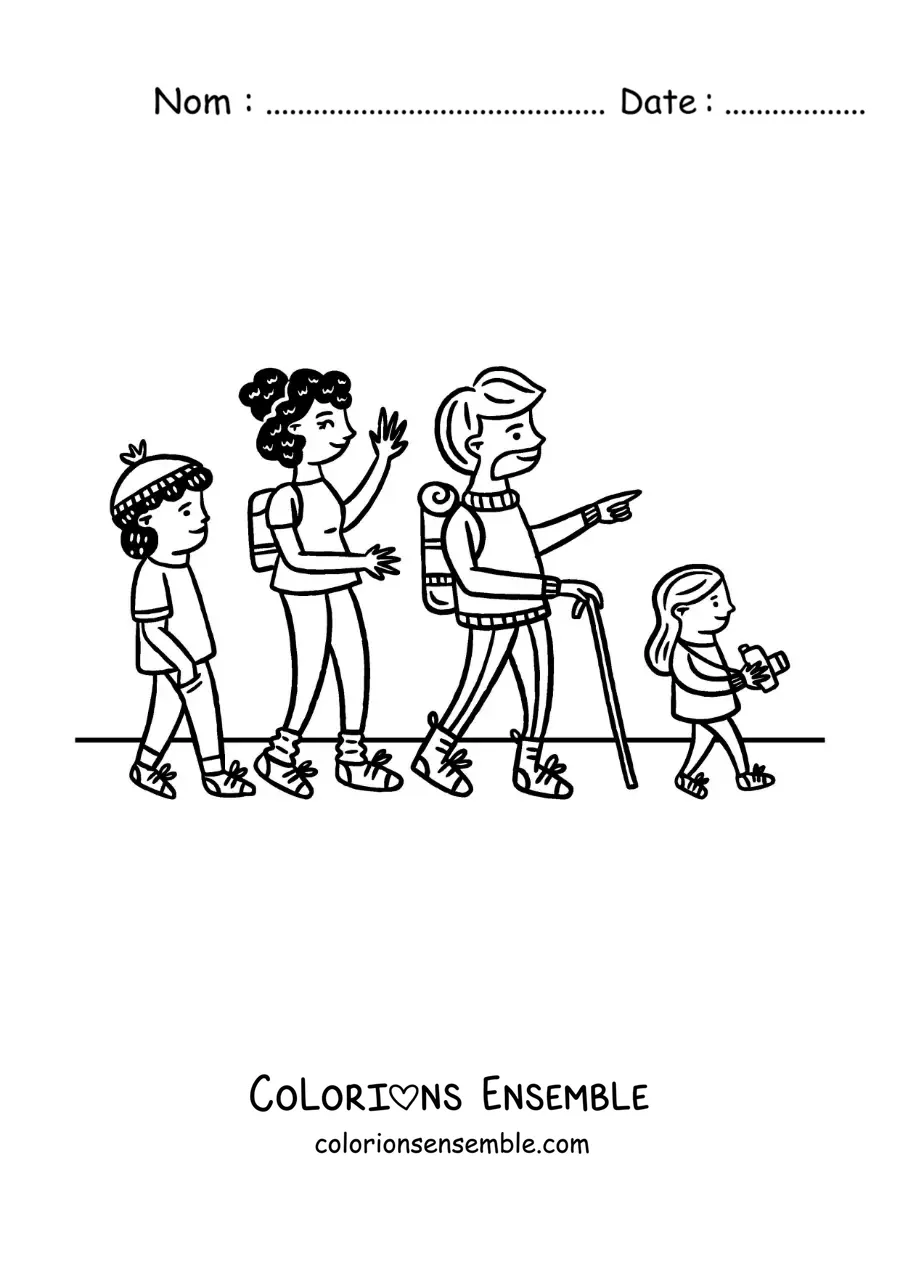 Image à colorier d’une famille en randonnée à pied