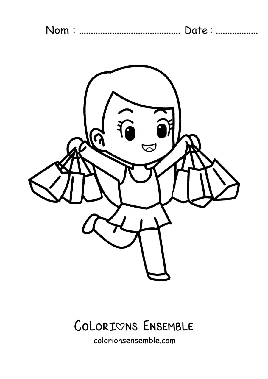 Image à colorier d’une fille kawaii en robe avec ses sacs de courses