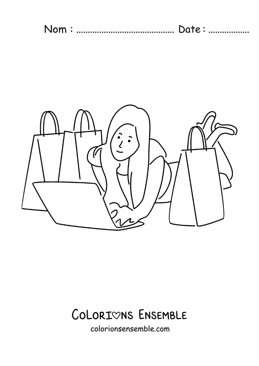 Image à colorier d’une fille qui achète beaucoup de vêtements en ligne sur son ordinateur portable