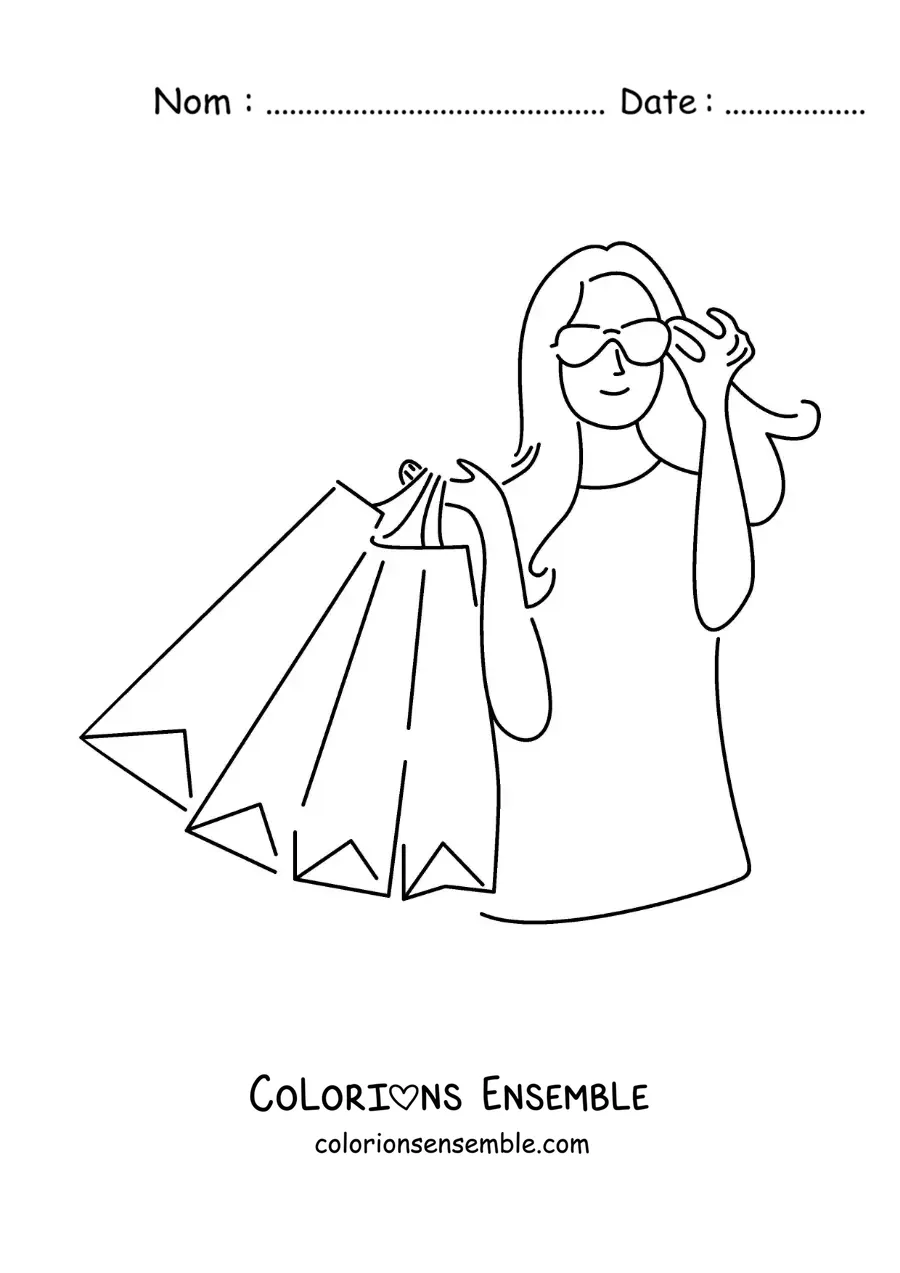 Image à colorier d’une fille qui fait du shopping avec ses lunettes de soleil