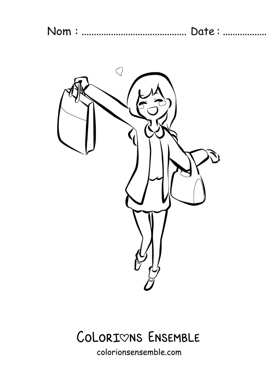 Image à colorier d’une fille style anime qui fait du shopping avec ses sacs