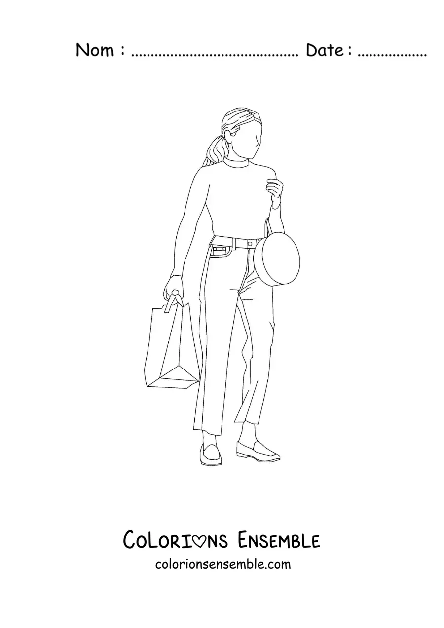 Image à colorier de la silhouette d’une femme avec des sacs de vêtements