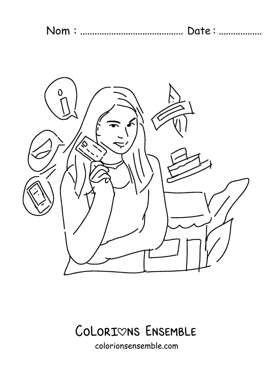 Image à colorier d’une femme avec sa carte de crédit, prête à faire du shopping