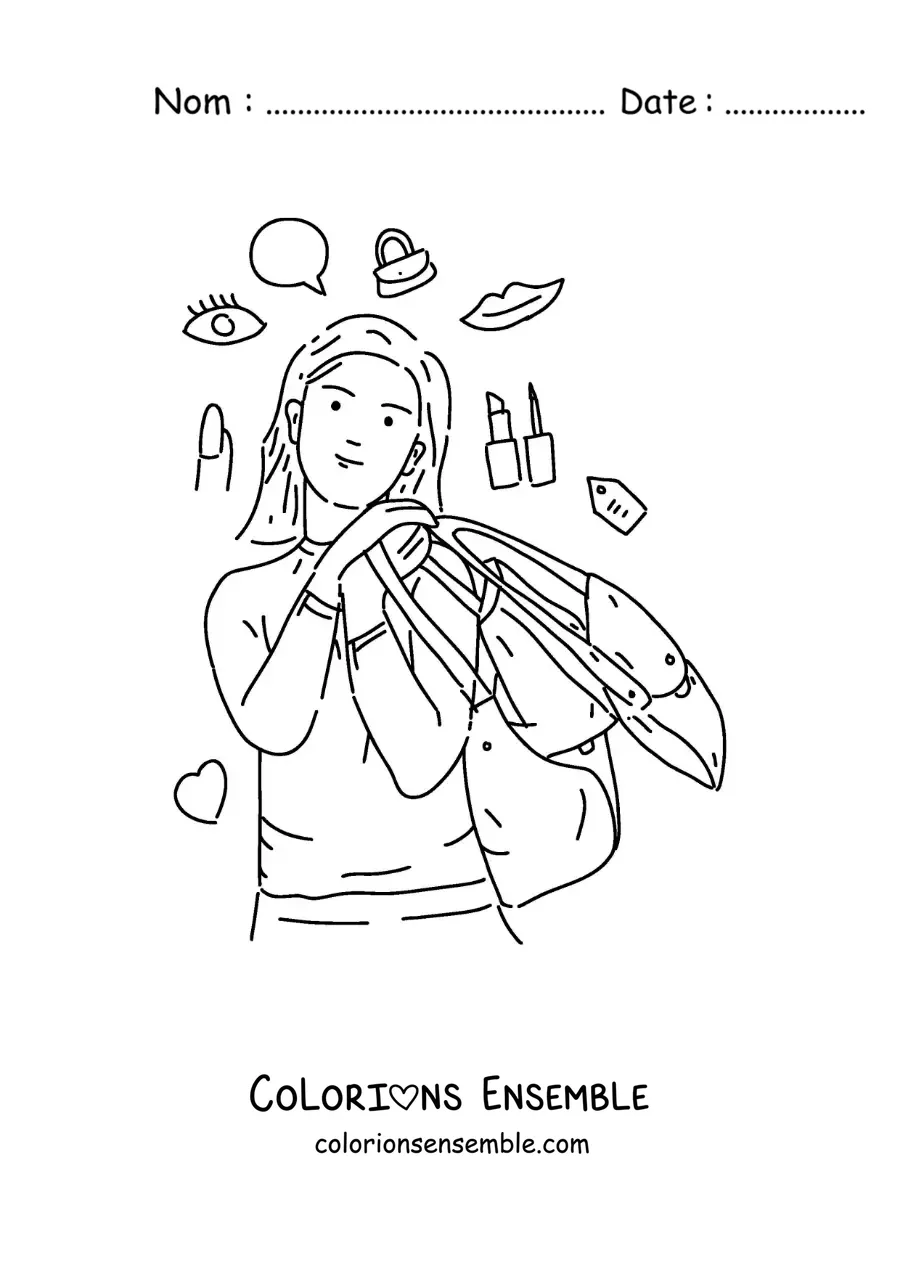 Image à colorier d’une fille avec des sacs qui pense à acheter du maquillage