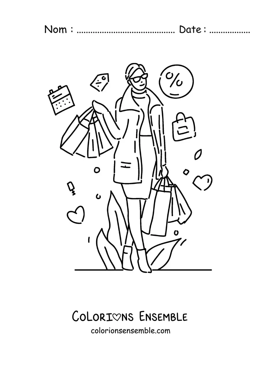 Image à colorier d’une femme qui fait du shopping pendant les soldes