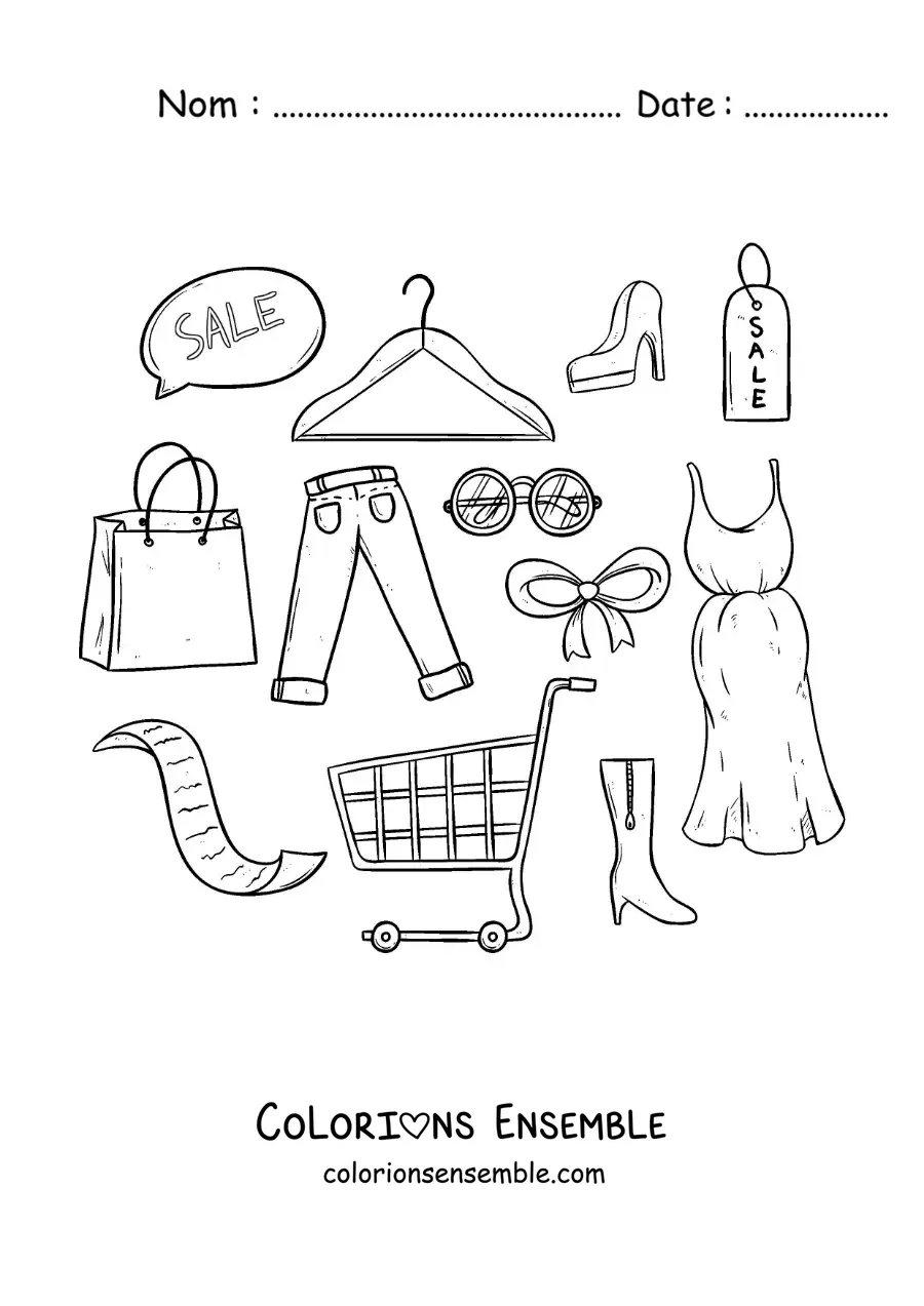 Image à colorier d’un caddie entouré de vêtements