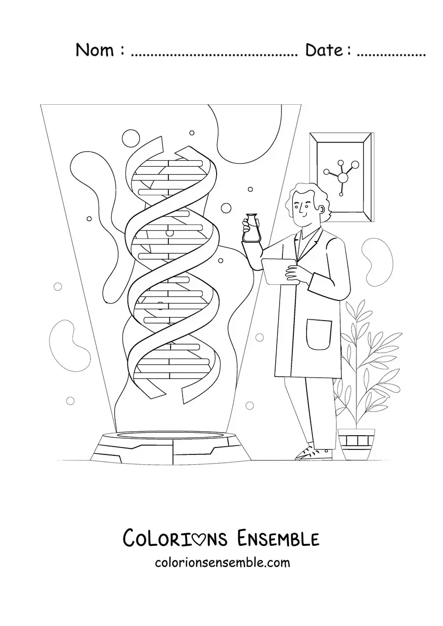 Image à colorier d'un scientifique dans un laboratoire de génétique