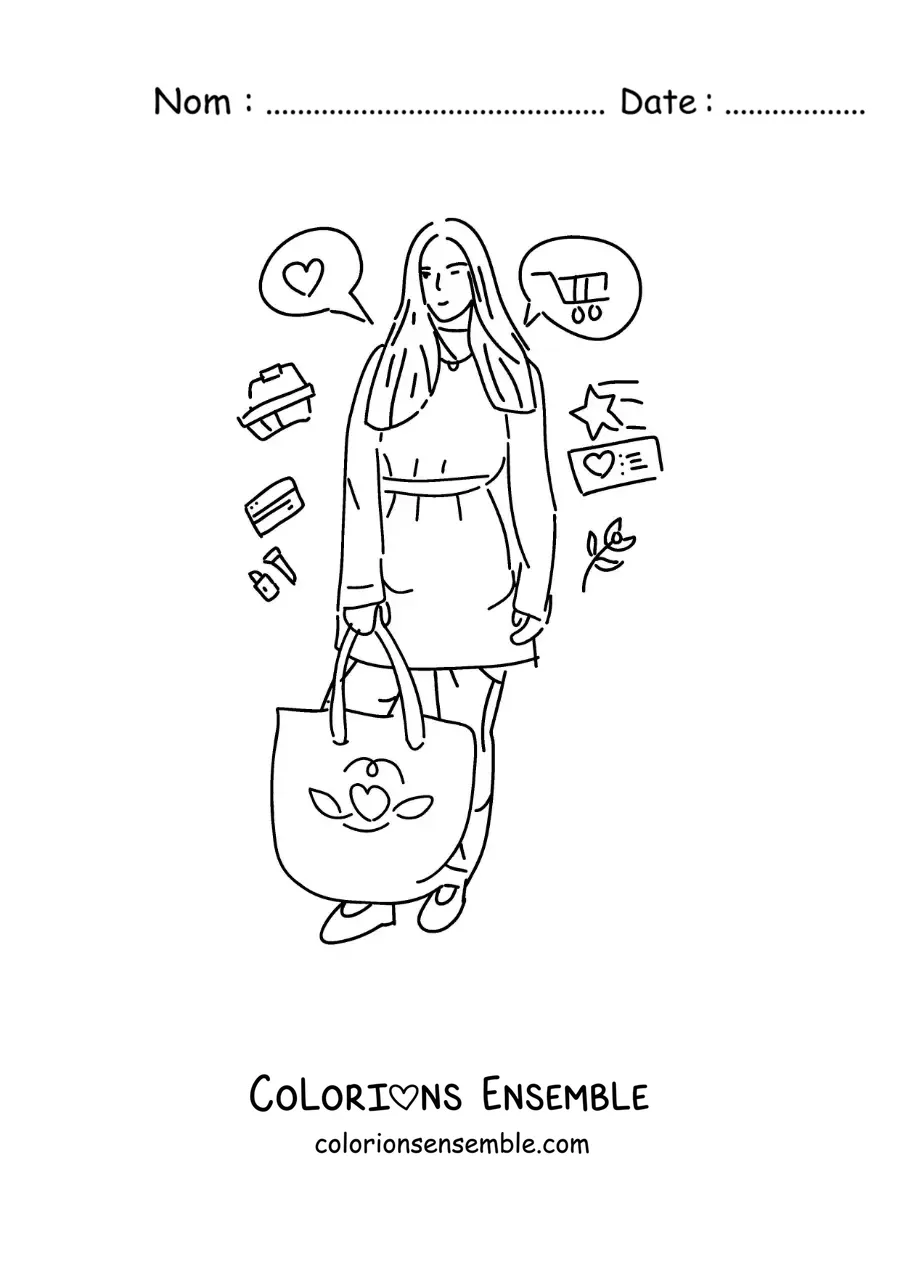 Image à colorier d’une fille qui fait du shopping avec son sac
