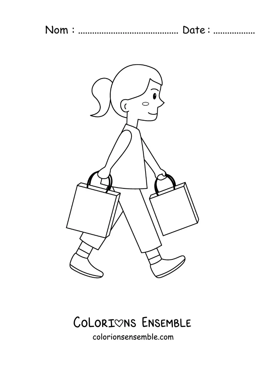 Image à colorier d’une fille qui marche avec deux sacs de courses