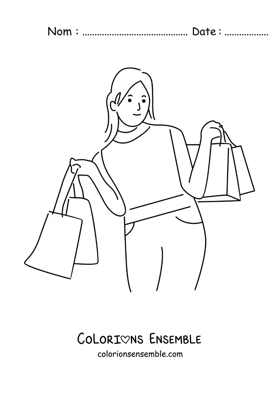 Image à colorier d’une fille avec beaucoup de sacs de courses