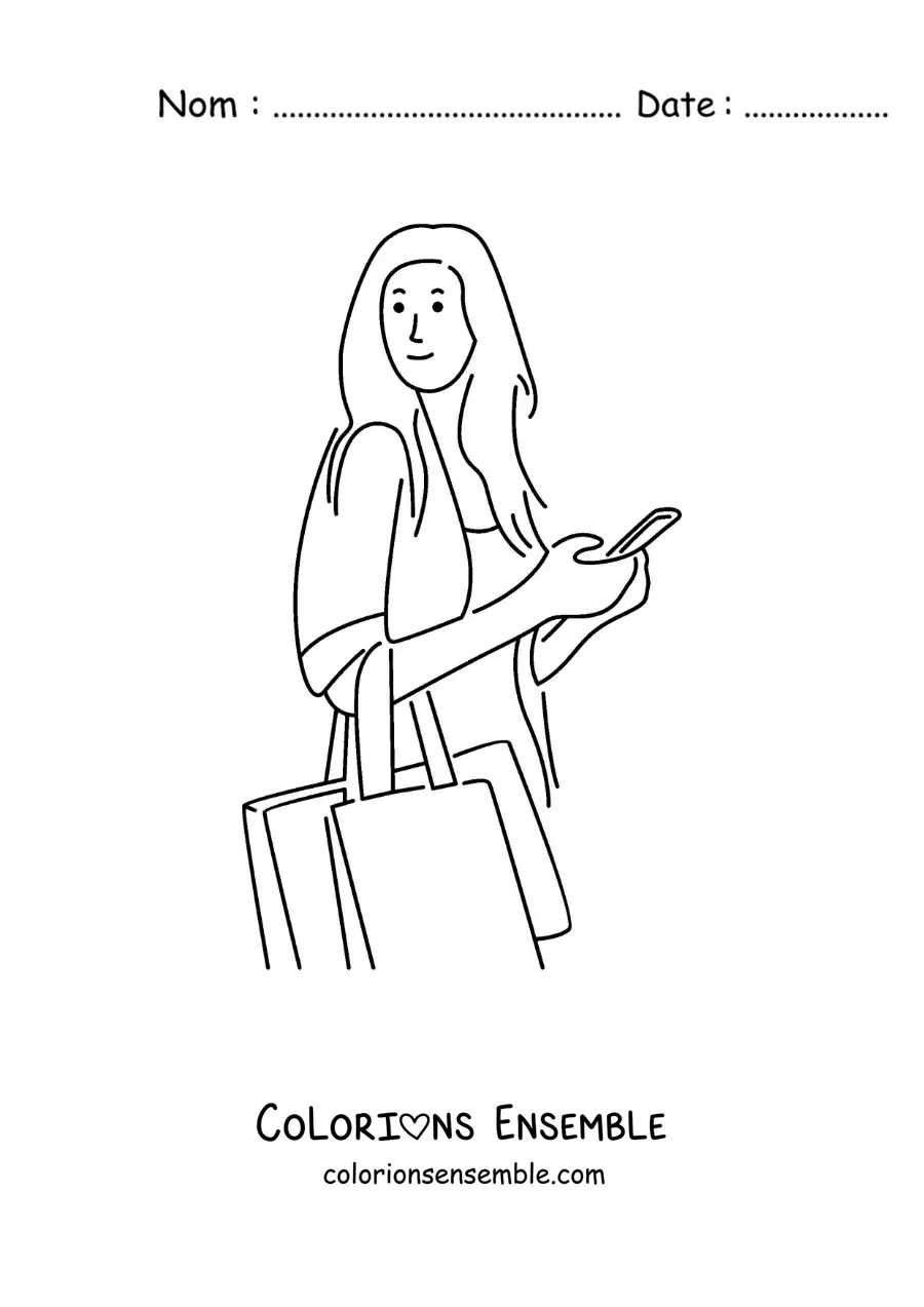 Image à colorier d’une fille qui fait du shopping avec des sacs et son téléphone à la main