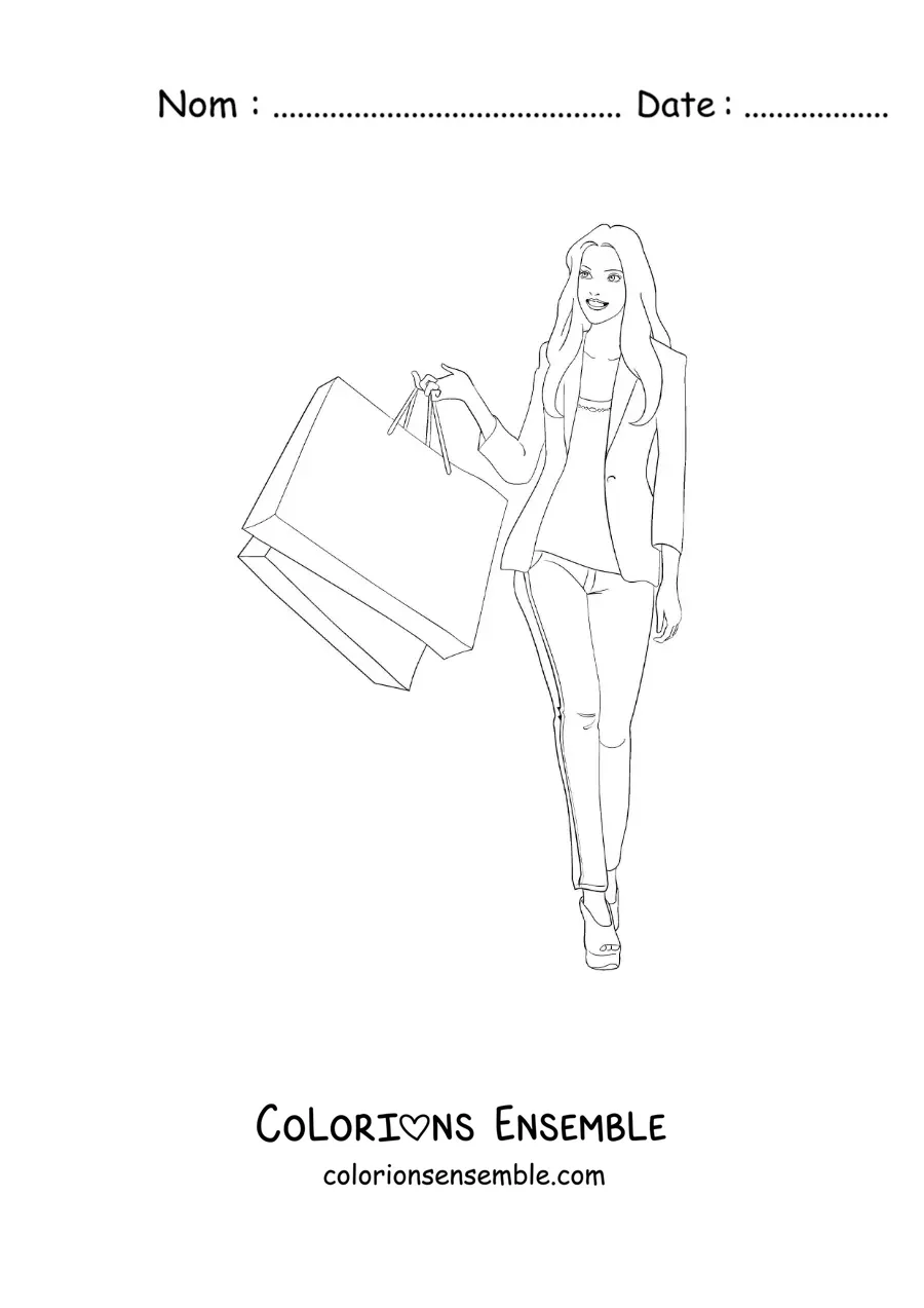 Image à colorier d’une jolie fille qui fait du shopping