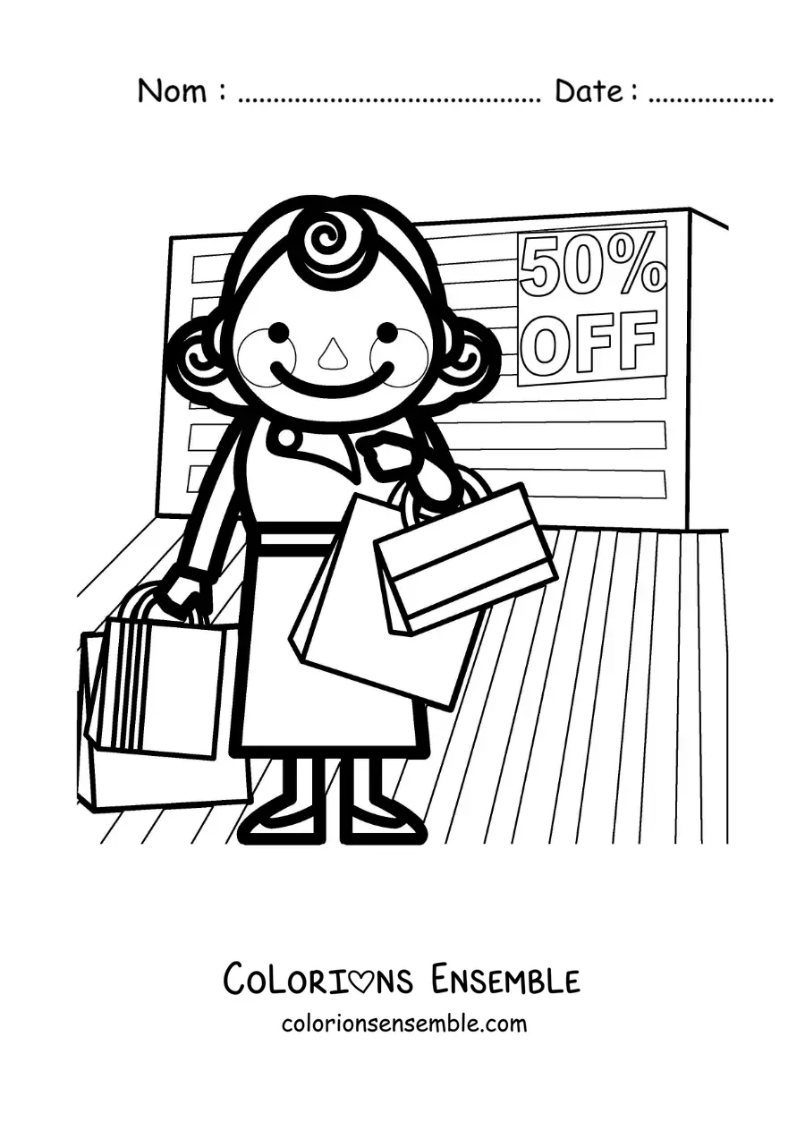 Image à colorier d’une femme qui fait du shopping dans un magasin avec des soldes à moitié prix