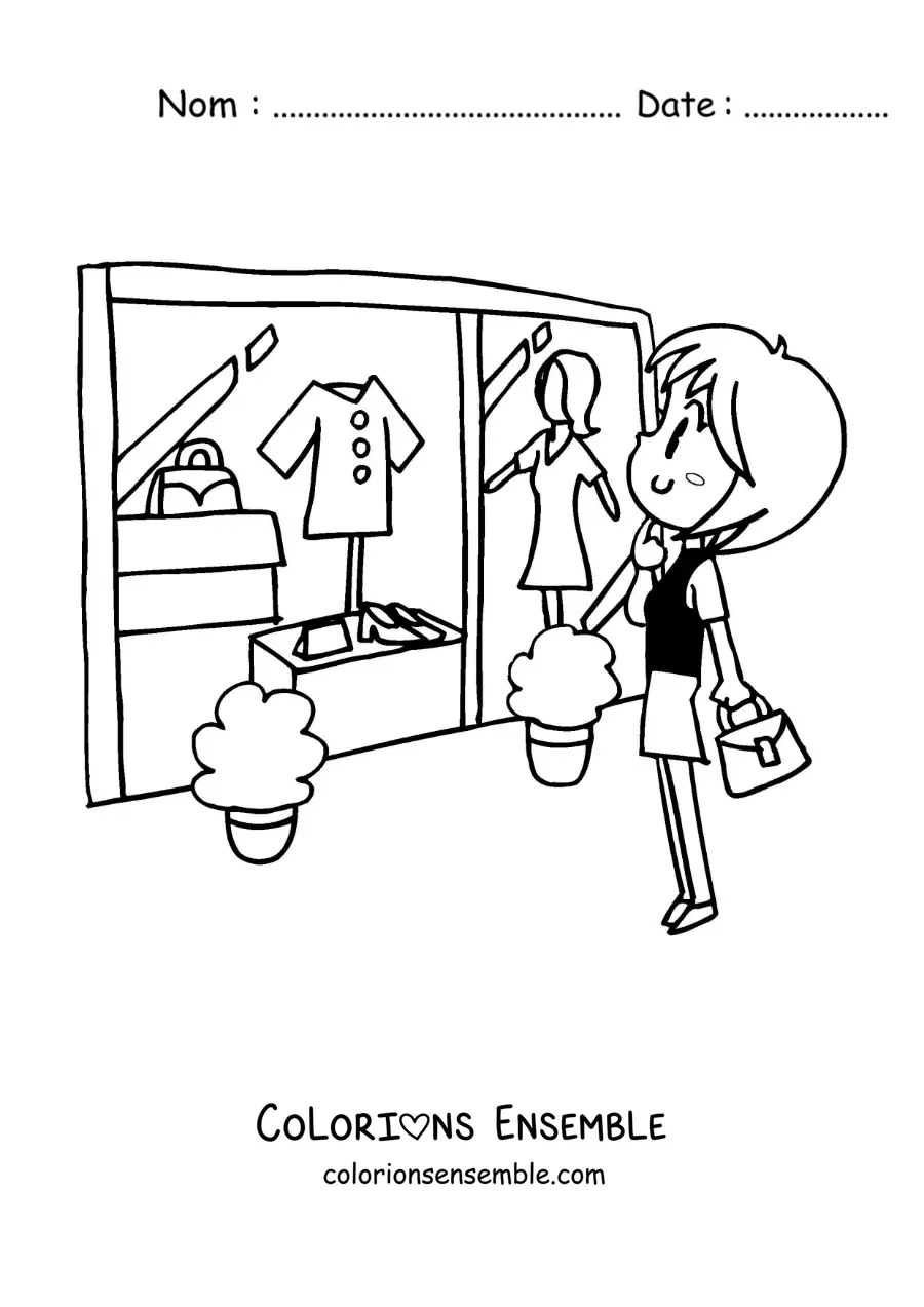 Image à colorier d’une femme qui fait du shopping en regardant la vitrine d’un magasin de vêtements