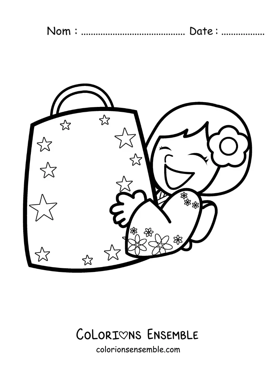 Image à colorier d’une fille japonaise heureuse avec son sac de courses