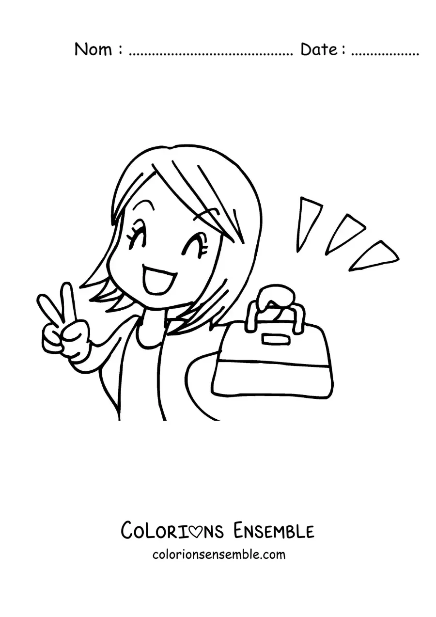 Image à colorier d’une femme en dessin animé, heureuse d’acheter un nouveau sac à main
