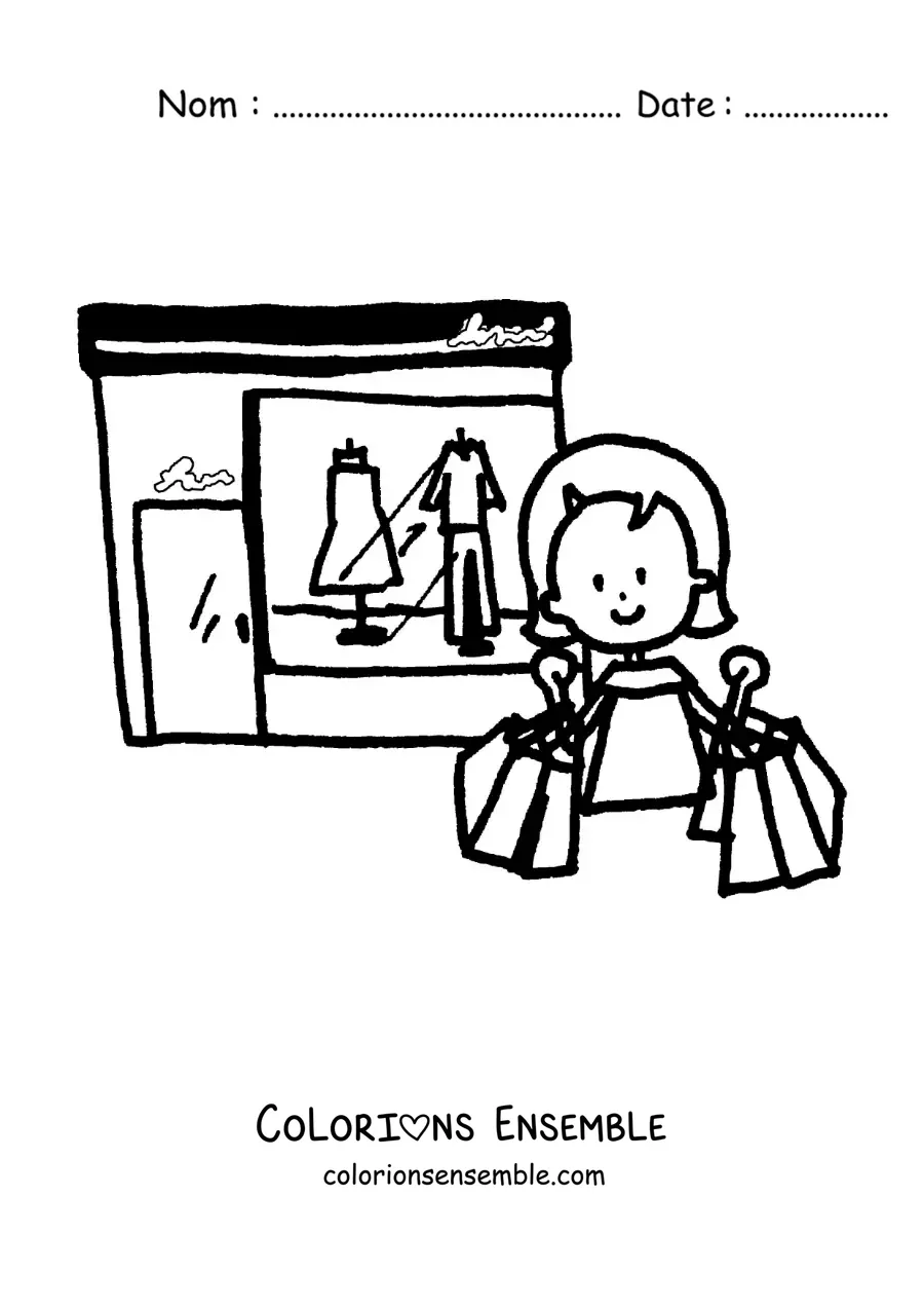 Image à colorier d’une femme qui fait du shopping devant un magasin de vêtements avec des sacs