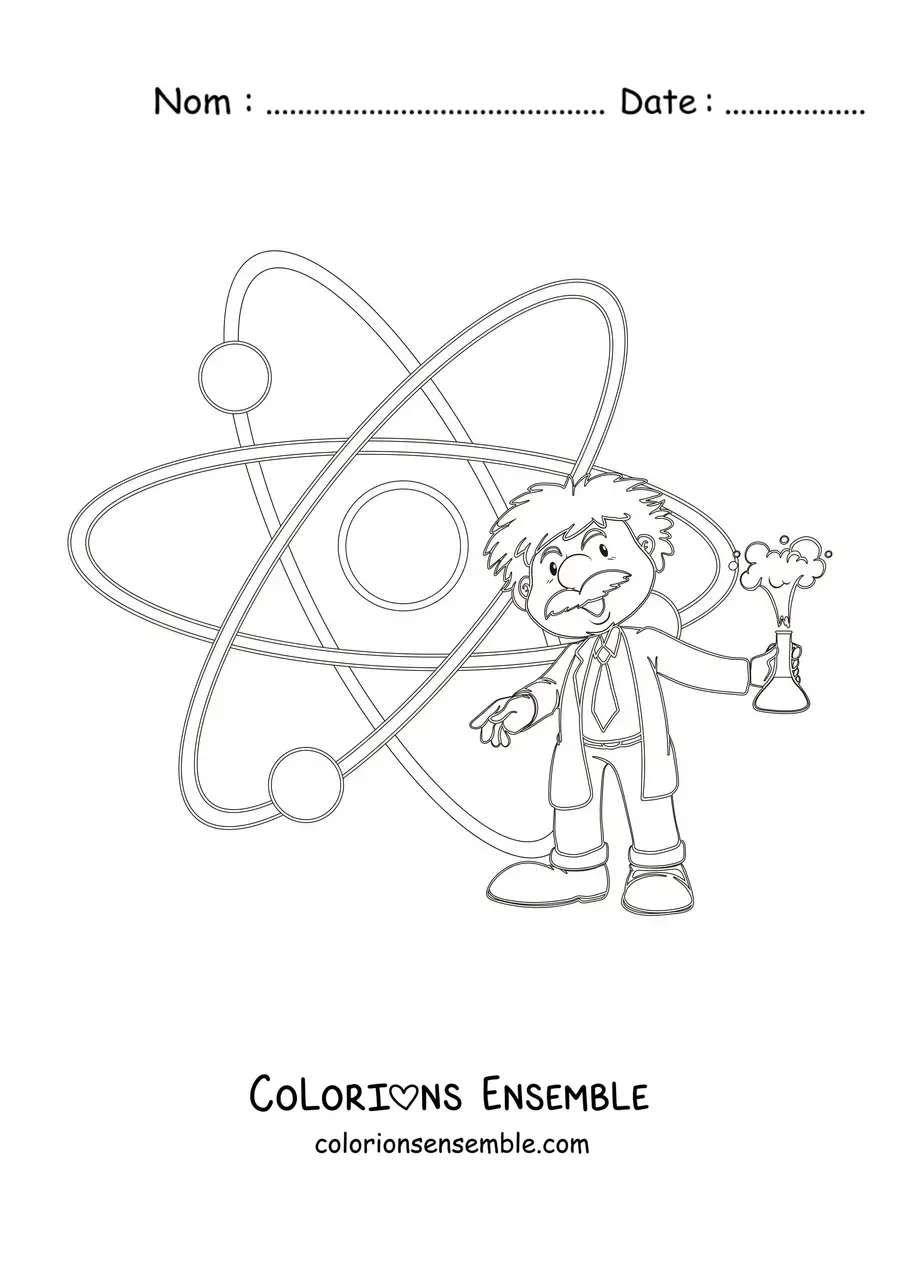 Image à colorier d'Albert Einstein animé à côté d'un atome