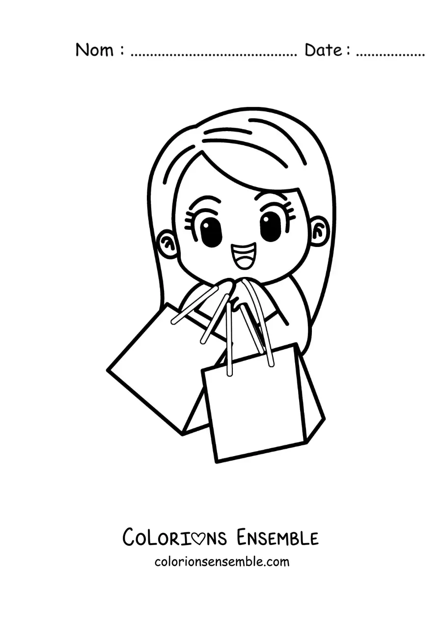 Image à colorier d’une fille kawaii qui fait du shopping
