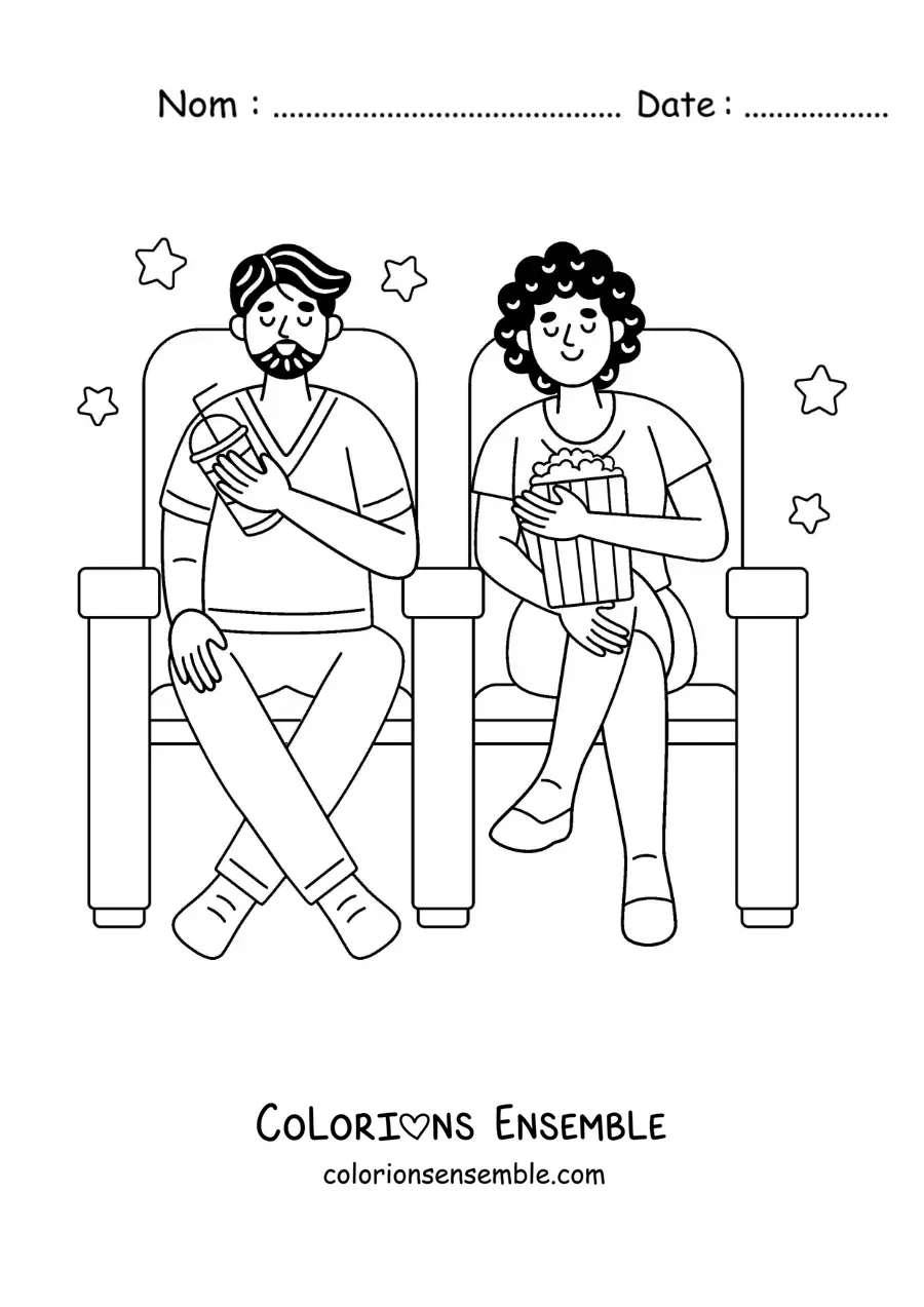 Image à colorier d’une fille et d’un garçon avec du popcorn au cinéma