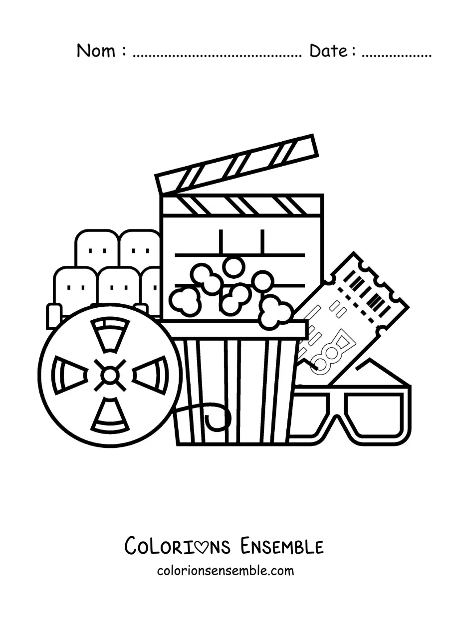 Image à colorier de popcorn, de lunettes, d’un billet et d’autres objets de cinéma