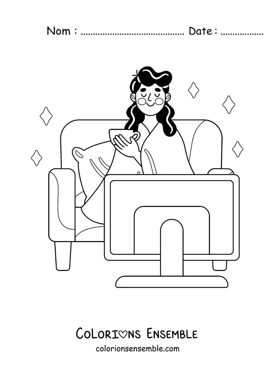 Image à colorier d’une fille sous une couverture qui regarde des films à la maison