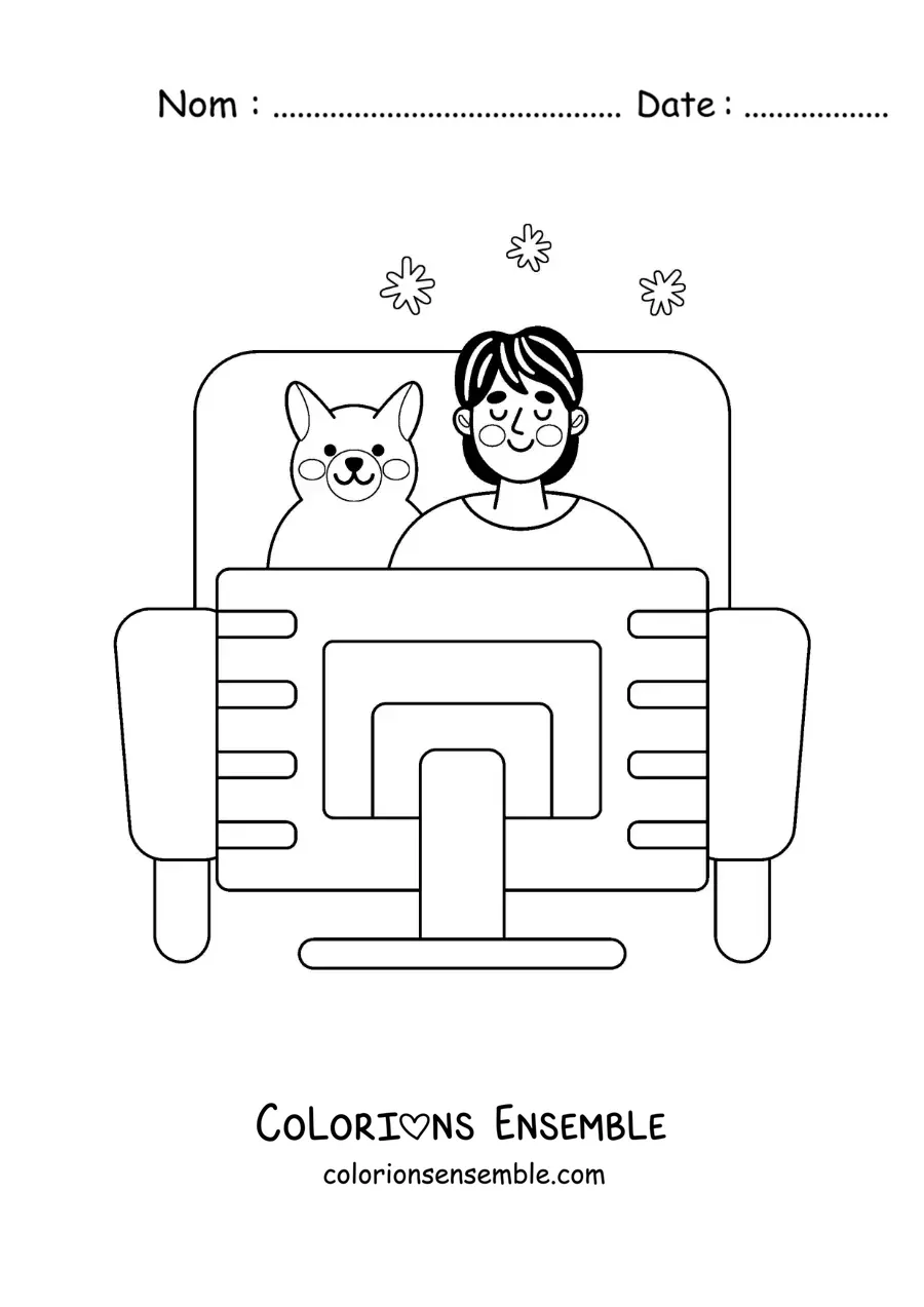 Image à colorier d’un garçon et de son chien qui regardent des films à la maison