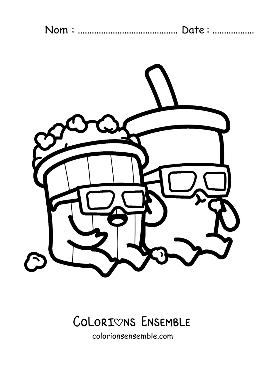 Image à colorier de popcorn et d’un soda de cinéma animés kawaii