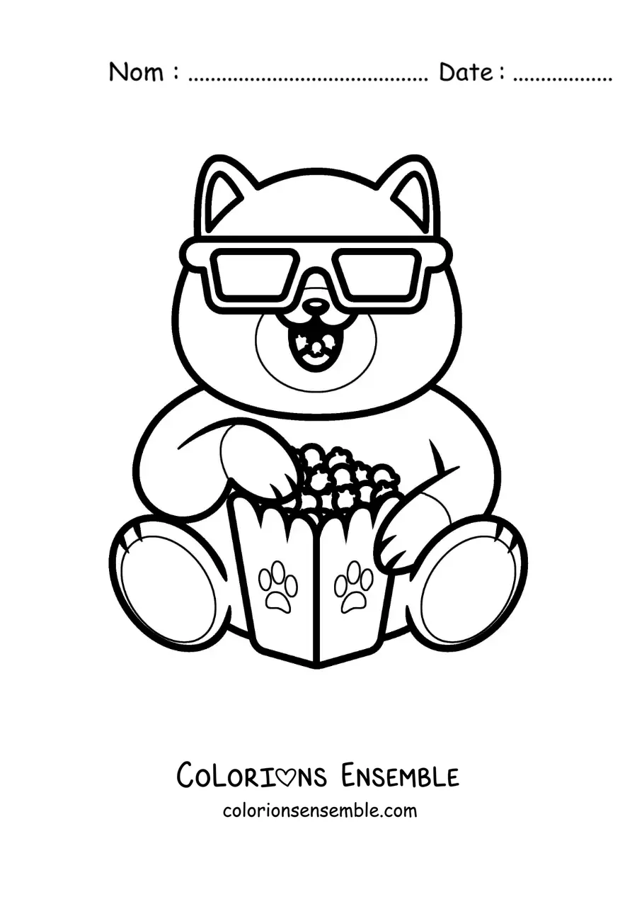 Image à colorier d’un chat animé avec des lunettes 3D qui mange du popcorn