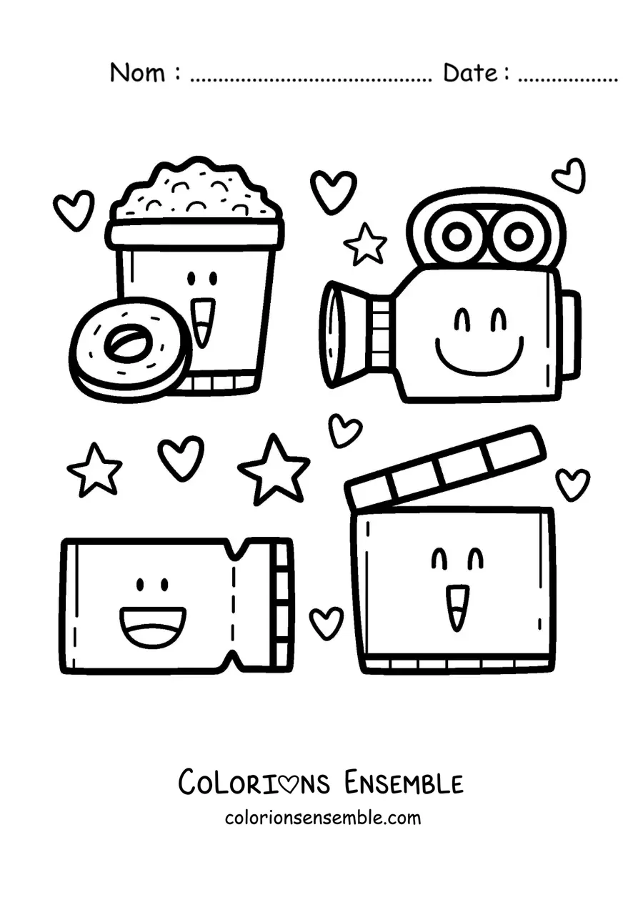 Image à colorier d’un projecteur, d’une caméra, de popcorn et d’autres objets de cinéma animés