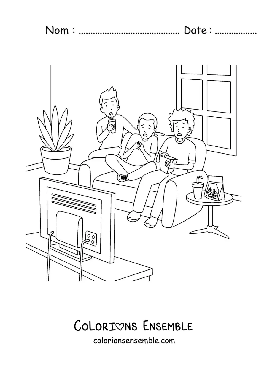 Image à colorier de trois enfants qui regardent un film d’horreur à la maison