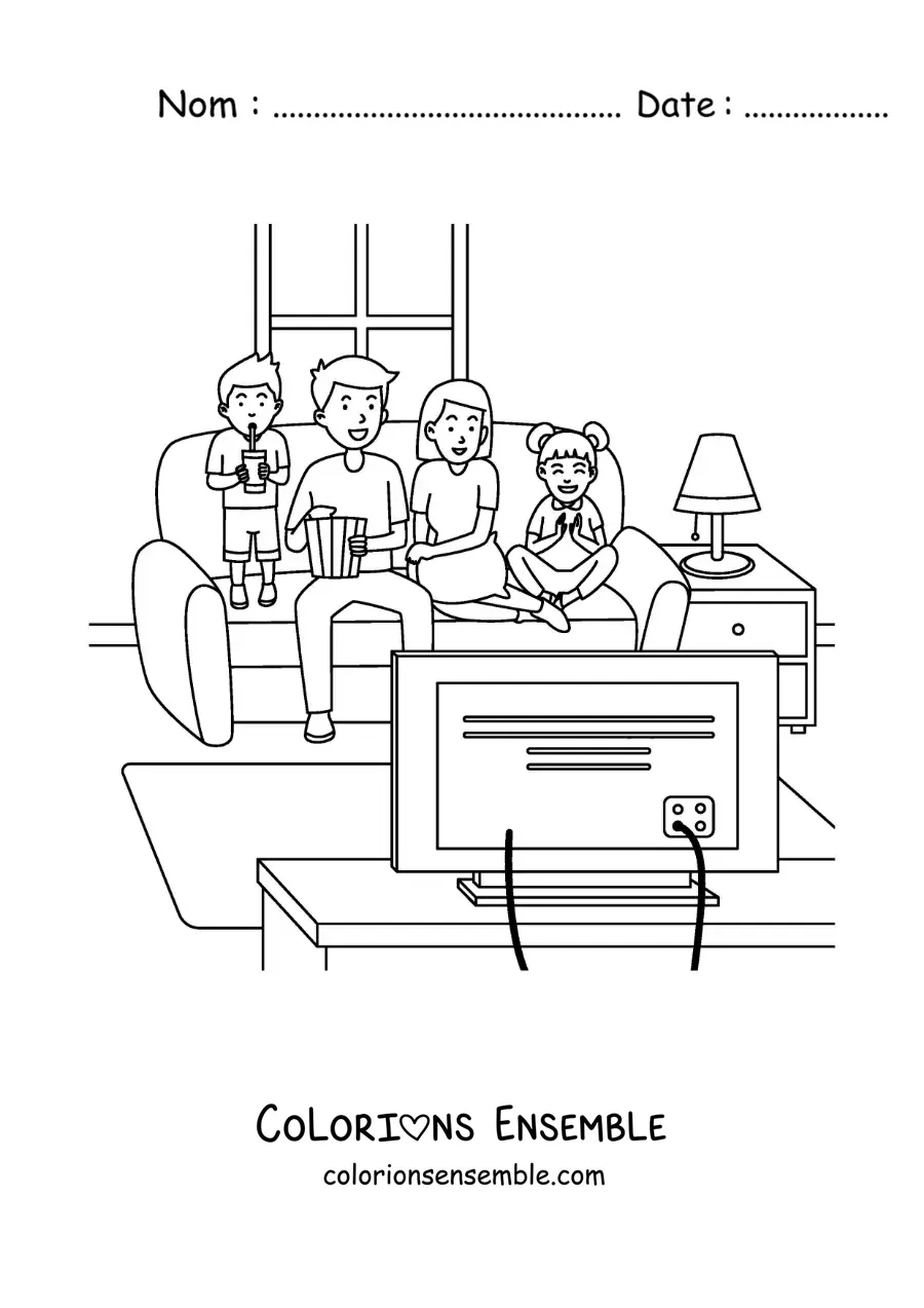 Image à colorier d’une famille avec des enfants qui regardent un film à la maison
