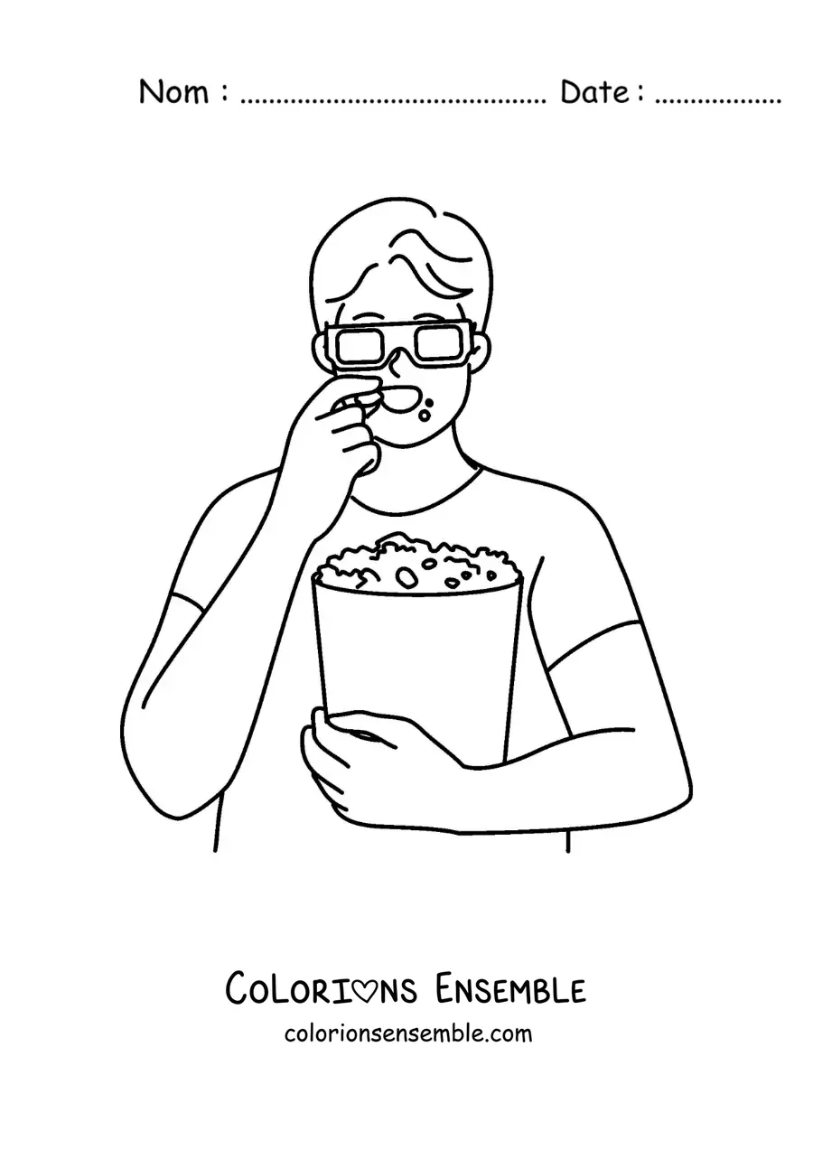 Image à colorier d’un garçon avec des lunettes 3D qui mange du popcorn
