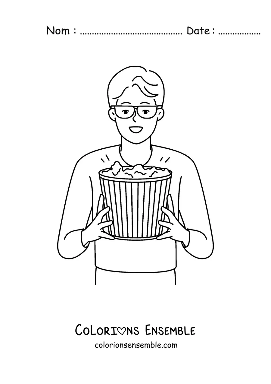 Image à colorier d’un garçon avec du popcorn de cinéma