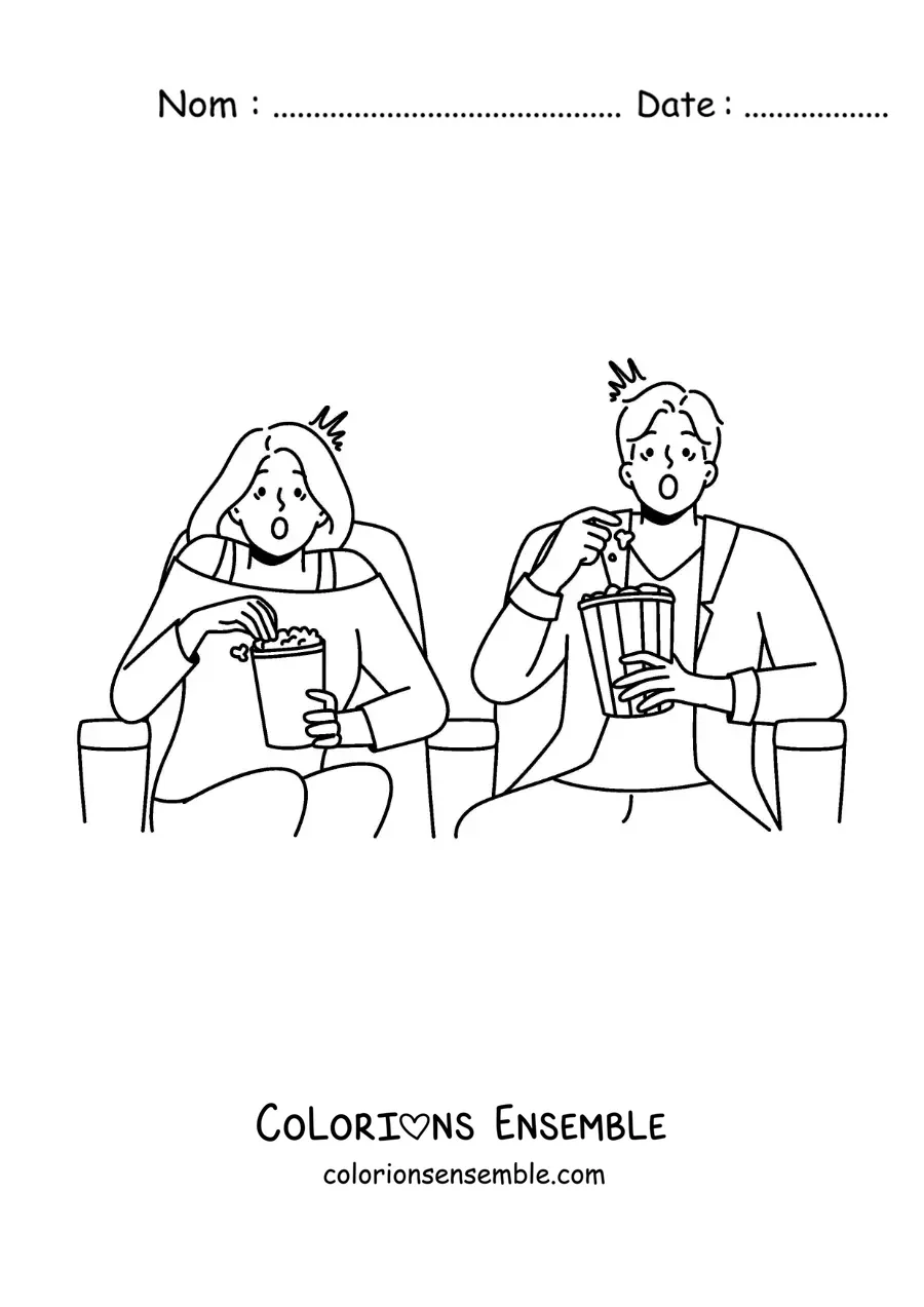 Image à colorier d’un couple qui regarde un film d’horreur au cinéma