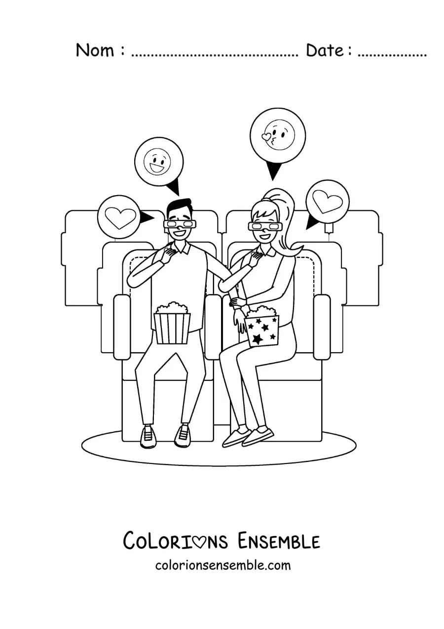 Image à colorier d’un couple qui regarde un film lors d’un rendez-vous au cinéma