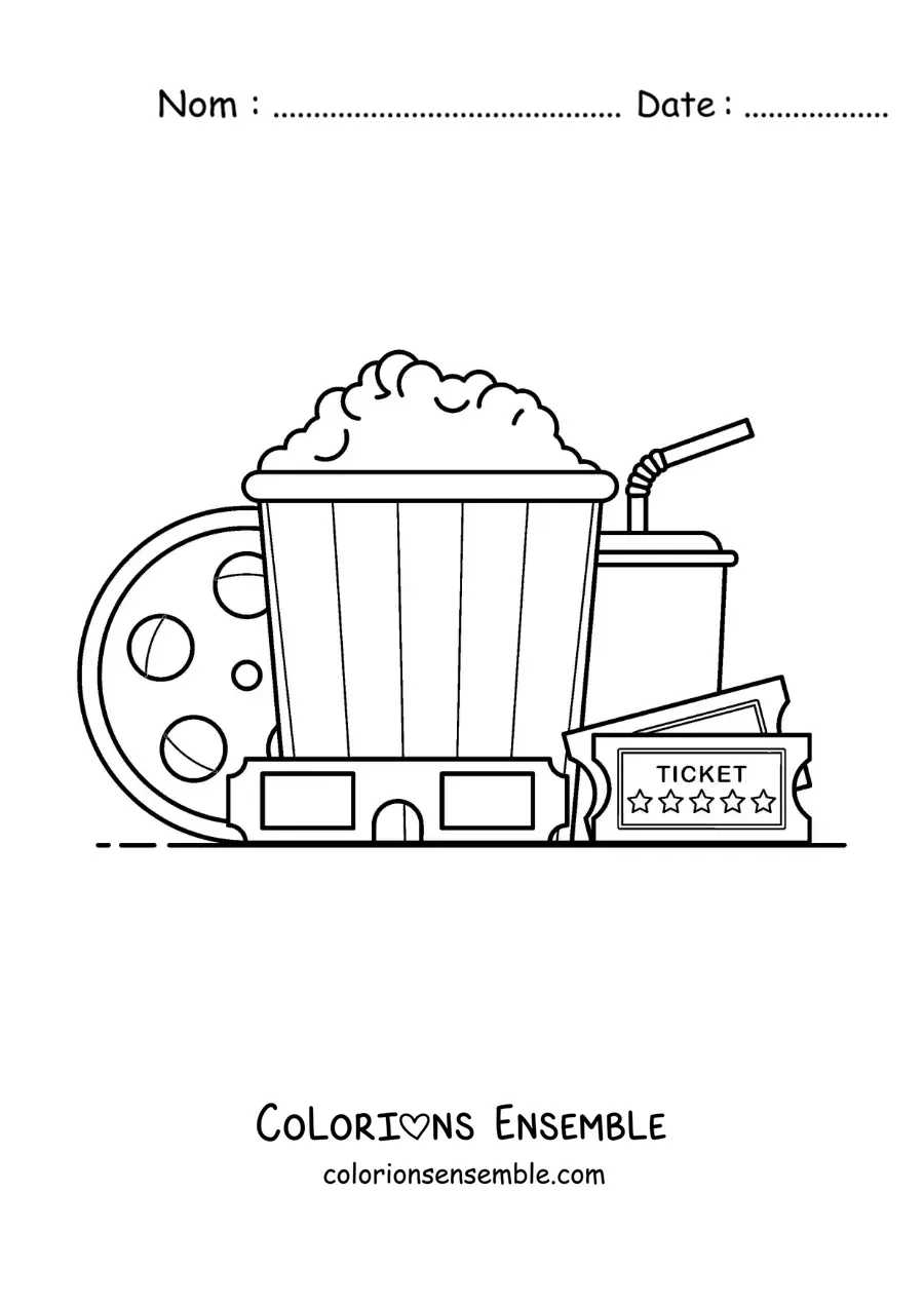 Image à colorier de tickets, de popcorn, d’une pellicule, de lunettes 3D et d’autres objets de cinéma